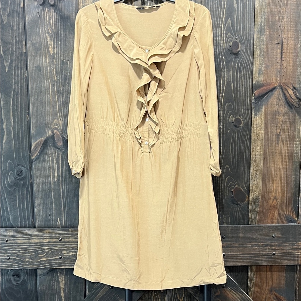 Zara Woman Khaki Ruffle Mini Dress M Cinch Waist Neutral Minimalist Goblincore